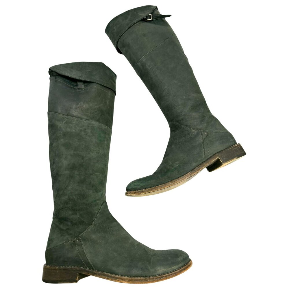 NOW‎ Italy Forest Green Nubuck Leather Fold Over Riding Boots Sz 37